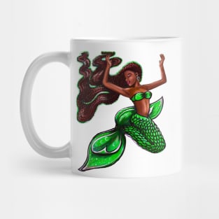 Black mermaid with rainbow fins, red locs Afro hair and brown skin. African American Mermaids Mug